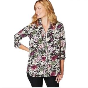 J Jill Relaxed Shirttail Blouse Oat Floral button Down Shirt Pocket XL